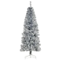 HOMCOM Albero di Natale Slim Artificiale Alto 150cm con 408 Rami, Albero di Natale Slim con Base Rimovibile, in PET e Acciaio, Argento(m-1)