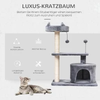 PawHut Katzenbaum mit Hängebett, 3-Stock Kratzbaum, Katzenhöhle, Katzenhaus mit Spielbällen, mit Sisalsäule und Kratzbrett, Plüsch Grau 60 x 40 x 81 cm(m-4)