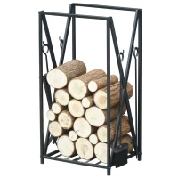 HOMCOM Estante de Leña para Chimenea 46x30x76 Soporte para Leña cm con 4 Herramientas Incluidas Marco de Acero Estable Carga 100 kg para Exterior e Interior Negro(m-10)