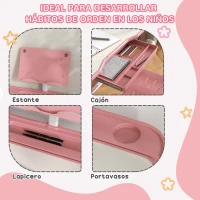 ZONEKIZ Pupitre Infantil Ajustable con 1 Cajón 1 Estante para Libros y Ángulo de Mesa Ajustable 80x49,5x82-104 cm Rosa y Blanco(m-5)