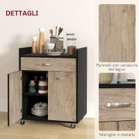 HOMCOM Carrello da Cucina con Cassetto, Armadietto e 4 Ruote in Legno, 60x40x77cm, Nero(m-7)