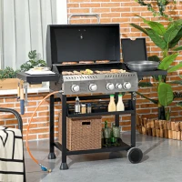 Outsunny Gasgrill BBQ-Grill, 4 Hauptbrenner, 1 Seitenkocher, 1 Warmhalteplatte; 135 x 53 x 101cm, Dunkelgrau(m-2)