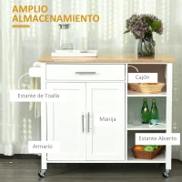 HOMCOM Isla de Cocina con Ruedas Mueble Auxiliar de Cocina con Cajón Estantes y Barra Lateral 107,5x48x89 cm Blanco(m-4)