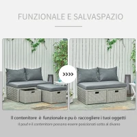 Outsunny Set Mobili da Giardino con Divano 2 Posti, Contenitore e Pouf in Rattan PE Salvaspazio con Cuscini, Grigio(m-4)