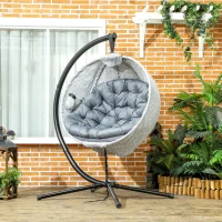 Outsunny Hanging Egg Chair Outdoor Indoor Garden Swing Chair with Folding Basket, Garden Hanging Chair with Stand, Thickened Cushion, Cup Holder for Patio, Balcony, Grey(m-10)