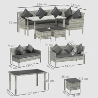 Outsunny tsunny 6-Seater Rattan Dining Set Sofa Table Footstool Outdoor w/ Cushion Garden Furniture, Dark Grey(m-3)