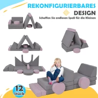 AIYAPLAY Modulares Kindersofa, 12 Softbausteine mit 6 Formen, waschbare Bezüge, Grau/Rosa(m-4)