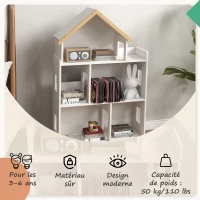 ZONEKIZ Étagère de rangement pour jouet enfant et livres forme de maison 3 niveaux  65 x 25 x 108,5 cm blanc et naturel(m-5)