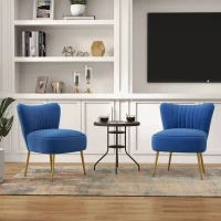 HOMCOM Set of 2 Accent Chairs, Upholstered Living Room Chairs with Gold Tone Steel Legs, Wingback Armless Chairs, Dark Blue(m-2)