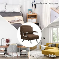 HOMCOM Fauteuil chauffeuse canapé-lit Convertible 1 Place déhoussable Grand Confort Coussin Pieds accoudoirs métal suède Marron(m-5)