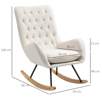 HOMCOM Schaukelstuhl im Skandi-Design Relaxsessel, Knopfheftung, 69 cm x 90 cm x 100 cm, Creme + Natur + Schwarz(m-3)