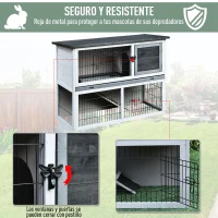 PawHut Conejera de Madera Exterior Jaula para Conejos de 2 Pisos Rampa Bandeja Extraíble y 2 Puertas 108x45x78 cm Gris(m-4)