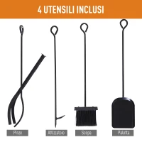 HOMCOM Potalegna per Camino in Acciaio e Antiruggine, Porta Legna per Interni ed Esterni con Design Elegante e 4 Attrezzi, 46x30x70 cm, Nero(m-7)