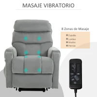 HOMCOM Sillón de Masaje Relax Sillón Levantapersonas con Reclinación Eléctrica hasta 135° Control Remoto y 8 Zonas de Masaje Tapizado en Terciopelo y Acolchado 79x97x103 cm Gris(m-4)