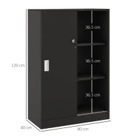 HOMCOM Armadietto da Ufficio a 3 Ripiani con 2 Chiavi di Sicurezza e Ante Scorrevoli, 80x40x120 cm, Nero(m-3)