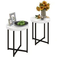 HOMCOM Set of 2 Round Side Table with Metal Legs, Modern End Table Bedside Table for Living Room, Bedroom, White(m-11)