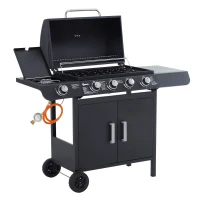 Outsunny Gasgrill 14,4 KW Grillwagen inkl 5 Edelstahl-Brenner Thermometer Kochplatte Flaschenöffner Seitenablagen,BBQ Gartengrill für Balkon 60 x 42 x 103 cm(m-1)