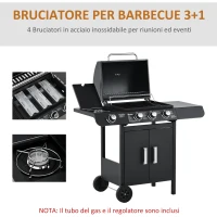 Outsunny Barbecue a Gas con Coperchio, 4 Bruciatori da 11.6kW, Fornello, Mensola e 2 Ruote, 110x50x100cm Nero(m-5)