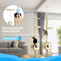 PawHut Kratzbaum, deckenhoch, Katzenhaus, zwei Plattformen, Hängematte, Kippschutz, hellbraun+beige, 40 x 40 x 260 cm(m-4)