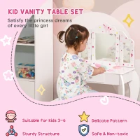 HOMCOM Kids Vanity Table and Chair Set with Tri-Folding Mirror and Stool, Makeup Dressing Table with Drawer, White(m-4)