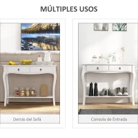 HOMCOM Mesa Consola Aparador Salón Comedor Mueble Recibidor Mesa Auxiliar con Cajones y Estante Diseño Elegante 100x33x75cm Madera Color Blanco Brillo(m-5)
