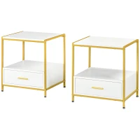 HOMCOM Set di 2 Comodini Moderni con Cassetto e Ripiano Aperto, 50x40x55cm, Bianco e Oro(m-10)