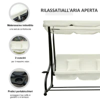 Outsunny Dondolo da Giardino 3 Posti Convertibile in Letto con Tetto Regolabile e Portabicchieri, Dondolo da Esterno in Acciaio e Poliestere, 200x120x164 cm, Crema(m-6)