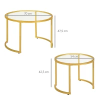 HOMCOM Lot de 2 tables basses gigognes rondes plateau verre trempé et pied en acier au carbone doré(m-3)