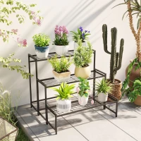 Outsunny Bloemenpotstandaard, 3-Laags Plantenstandaard in Trapvorm, Bloemenpotrek voor Binnen en Buiten, Metaal, Zwart(m-9)