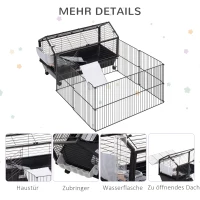 Pawhut Kleintierkäfig mit Freigehege inkl. Zubehör 88 cm x 128,5 cm x 56 cm  4 Rollen Schwarz Metall Polypropylen(m-7)