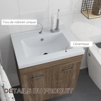 kleankin Meuble sous lavabo suspendu avec bassin en céramique et 2 compartiments 60 x 45,5 x 60 cm marron clair(m-6)