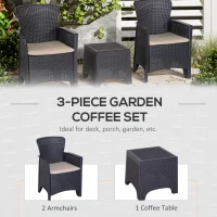 Outsunny 3 PCS Rattan Effect Garden Bistro Set  2 Chairs & Coffee Table Set with Cushion Patio Lawn Balcony Furniture - Dark Brown(m-4)