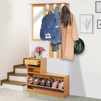 HOMCOM Recibidor de Entrada con Espejo Perchero y Zapatero Mueble de Recibidor de 2 Piezas con 6 Ganchos Estantes y Cajón Abatible para Pasillo Madera Marrón(m-9)