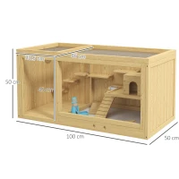 PawHut Wooden Hamster Cage with Water Bottle, Platforms, Openable Roof, Sliding Tray, Hut, Seesaws, Natural Wood Finish(m-3)