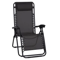 Outsunny Zero Gravity Chair Metal Frame Texteline Armchair Outdoor Folding and Reclining Sun Lounger with Head Pillow for Patio Decking Gardens Camping, Black(m-1)