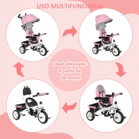 HOMCOM Triciclo Evolutivo para Niños +12 Meses con Toldo Plegable Mango de Empuje Telescópico y Cinturón de Seguridad Rosa(m-5)