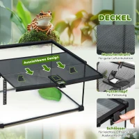PawHut Reptilienbox Terrarium, inkl. Streifenthermometer, Fütterungsklappen, 50 cm x 30 cm x 25 cm, Glas + Metall, Schwarz(m-5)