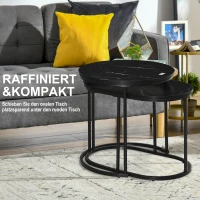 HOMCOM 2er-Set Couchtisch, Ovaler und runder Kaffeetisch, stapelbar, Marmoroptik, MDF, Metall, Ø50 x 50,5H cm, Schwarz(m-4)