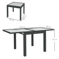 Outsunny Extending Garden Table, Outdoor Dining Table with Aluminium Frame and Tempered Glass Tabletop, 80/160 x 80 x 75 cm, Black and Clear(m-3)