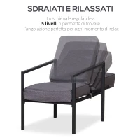 Outsunny Set 5 Pezzi Mobili da Esterno, 2 Sedie Sdraio Reclinabili, 2 Pouf e 1 Tavolino, Grigio e Nero, Metallo e Poliestere(m-5)