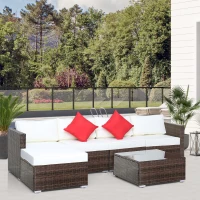 Outsunny 6 Pieces Rattan Garden Furniture Set, 5 Seater Sectional Garden Corner Sofa Set with Glass Top Coffee Table, Cushions and Pillows, All-Weather Wicker Conversation Furniture, Cream White(m-2)