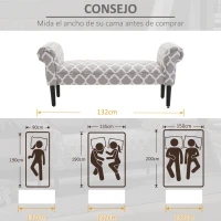 HOMCOM Banco Pie de Cama Banqueta para Dormitorio con Brazos Tapizada y Patas de Madera para Recibidor Salón 132x45,5x58 cm Gris Estampado(m-6)