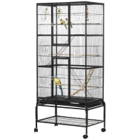 PawHut Jaula para Pájaros con Ruedas 83x53x180 cm Pajarera Metálica de 3 Niveles con 3 Perchas Comederos Juguetes Rampas Negro(m-11)