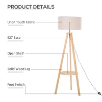 HOMCOM Tripod Floor Lamp, Freestanding Bedside Light Reading Light with Storage Shelf and Linen Shade for Living Room Bedroom, 154cm, Cream(m-4)