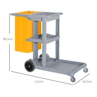 HOMCOM Carro de Limpieza con Bolsa 100L Profesional y Multifuncional para Colectividades Hotel Hostal con 3 Bandejas y 1 Plataforma 121x50,5x96,5 cm Gris y Amarillo(m-3)
