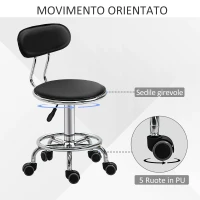 HOMCOM Sgabello per Estetista con 5 Rotelle, Schienale Curvo e Altezza Regolabile, 38x48x70.5-86 cm, Nero(m-6)