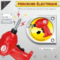 HOMCOM Etabli et Outils pour Enfant - Jeu d'imitation Bricolage - Nombreux Accessoires Total de 55 pièces & Outils variés - PP Rouge Gris(m-6)