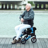 HOMCOM Folding Rollator Walker with Seat, Backrest, Lightweight Walking Frame with Storage Bag, Dual Brakes, Adjustable Handle Height, Suspension System, 4 Wheeled Walker for Seniors, Blue(m-10)