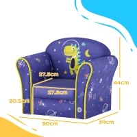AIYAPLAY Kids Armchair with Planet Dinosaurs Design, Wooden Frame, for Bedroom, Playroom, Kids Room - Blue(m-3)