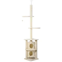 PawHut Arbre à Chat Poteau à griffer Hauteur réglable dim. 45L x 45I x 240-260H cm 2 niches 2 plateformes beige(m-1)